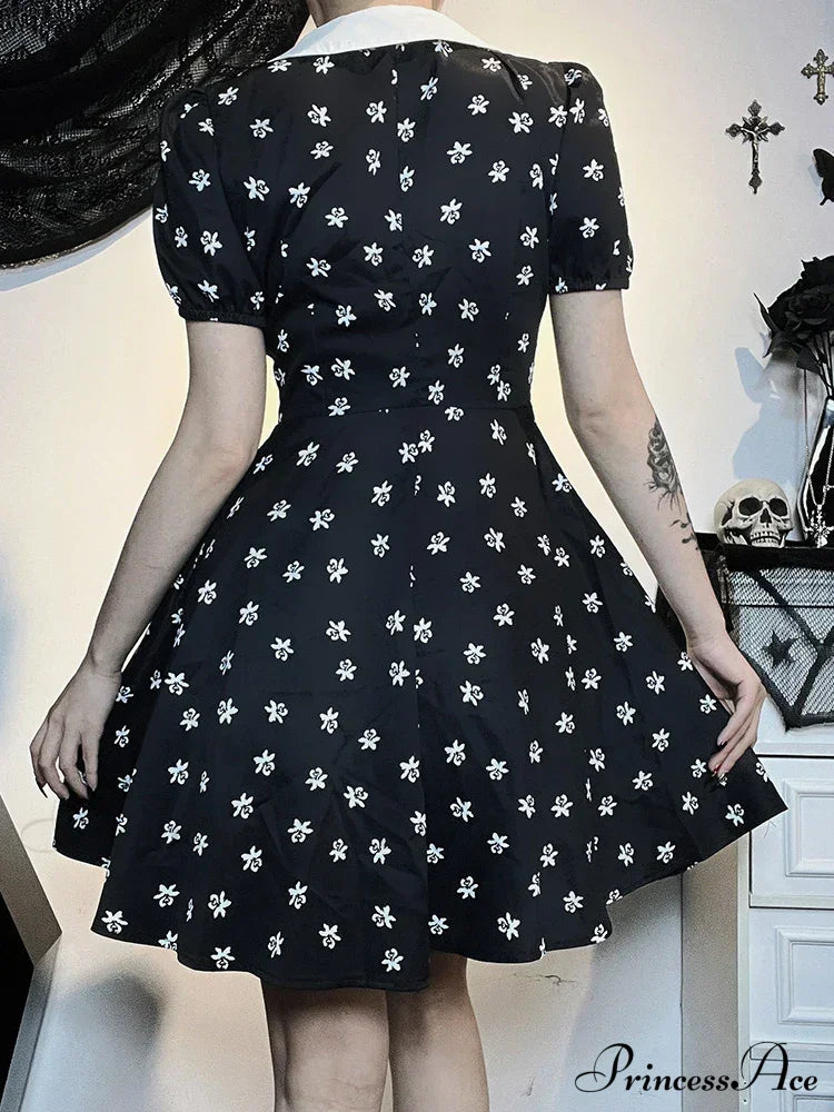 Gothic Turn Down Collar A-Line Punk Print Short Sleeve Swing Cloak Bodycon Dress Halloween