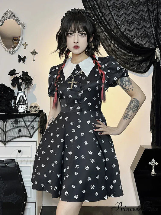 Gothic Turn Down Collar A-Line Punk Print Short Sleeve Swing Cloak Bodycon Dress Halloween