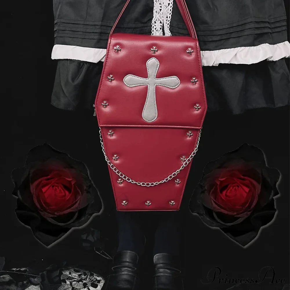 Gothic Vampire Coffin Shape Punk Lolita School Crossbody Halloween Bag Wine / 21X9X35