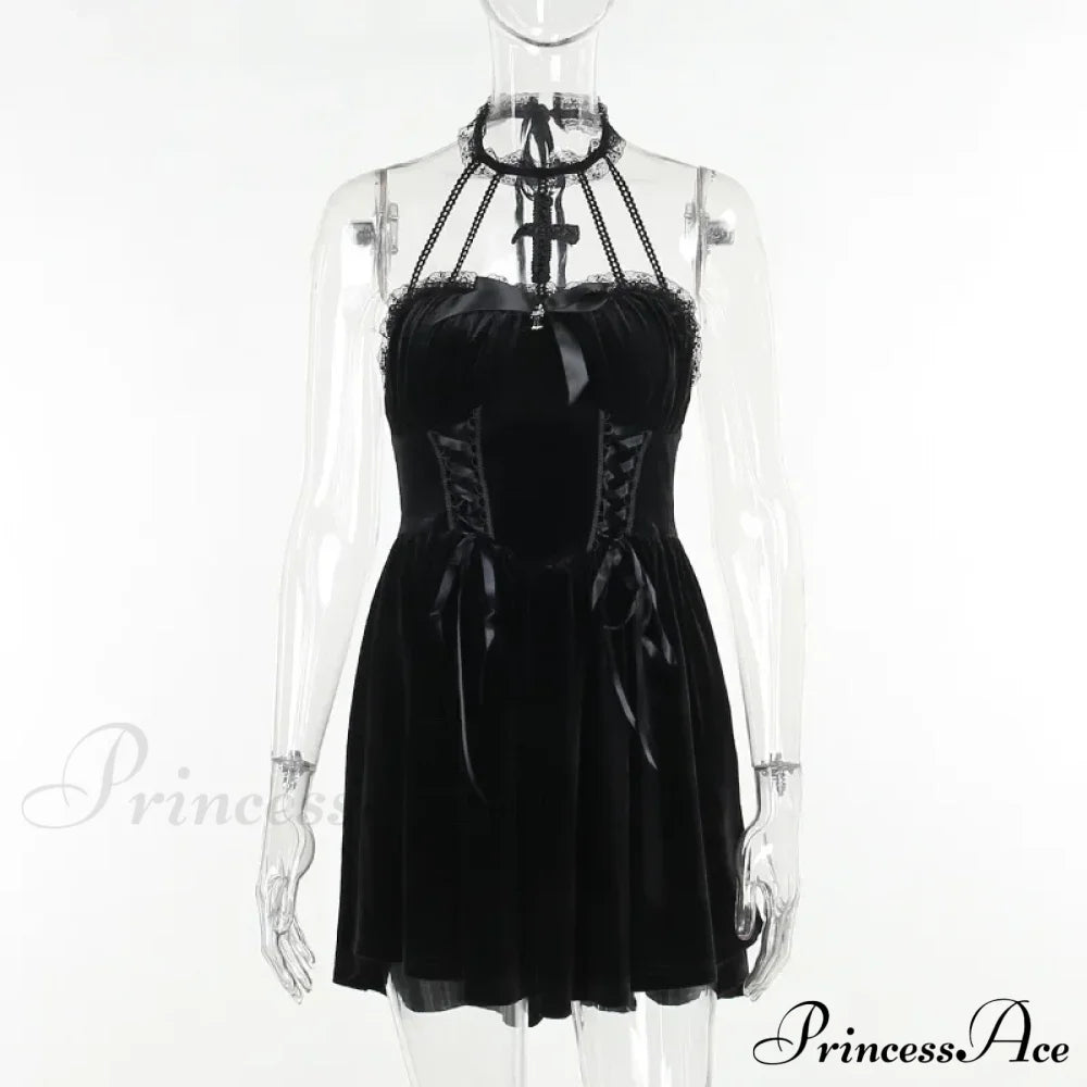 Gothic Velvet Criss-Cross Halter Dress Vintage Draped Lace Sleeveless Bodycon Backless A-Line