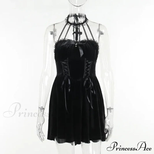 Gothic Velvet Criss-Cross Halter Dress Vintage Draped Lace Sleeveless Bodycon Backless A-Line