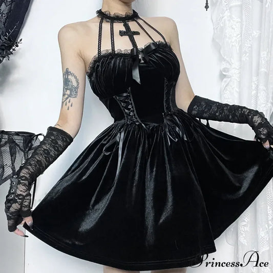 Gothic Velvet Criss-Cross Halter Dress Vintage Draped Lace Sleeveless Bodycon Backless A-Line