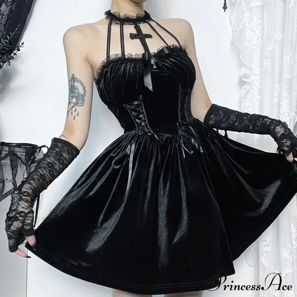 Gothic Velvet Criss-Cross Halter Vintage Draped Lace Sleeveless Bodycon Backless A-Line Dress