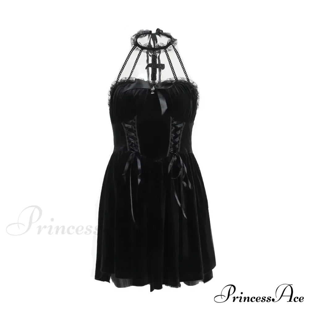 Gothic Velvet Criss-Cross Halter Vintage Draped Lace Sleeveless Bodycon Backless A-Line Dress