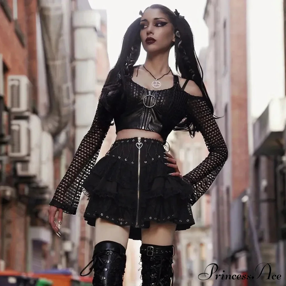 Gothic Vintage High Waist Zipper Front Japanese Kawaii Black Cosplay Skirt Halloween