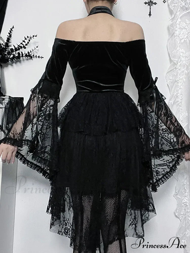 Gothic Vintage Off Shoulder Lace Cocktail Party Velvet Mesh Long Sleeves Halloween Cosplay Dress