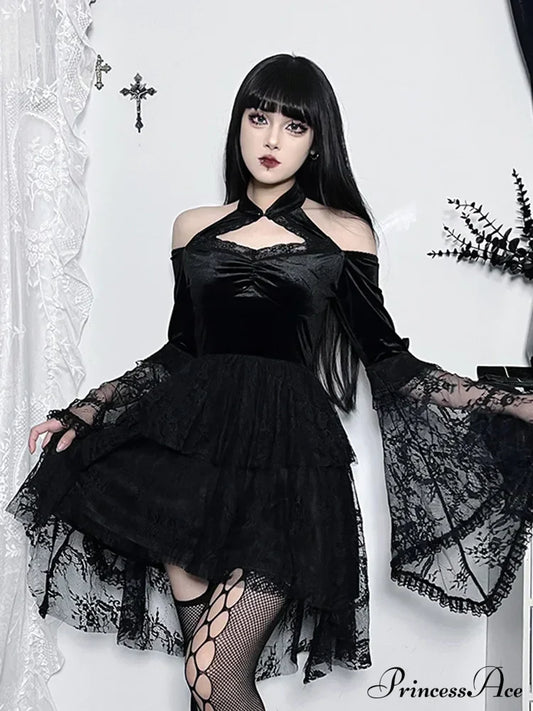 Gothic Vintage Off Shoulder Lace Cocktail Party Velvet Mesh Long Sleeves Halloween Cosplay Dress