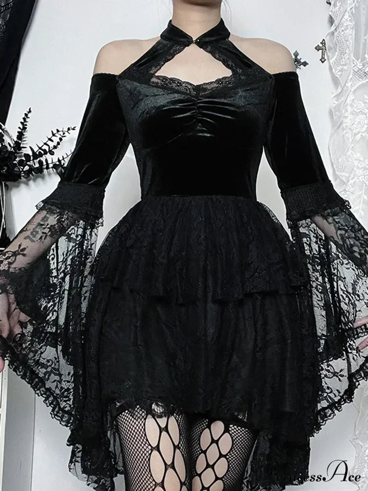 Gothic Vintage Off Shoulder Lace Cocktail Party Velvet Mesh Long Sleeves Halloween Cosplay Dress