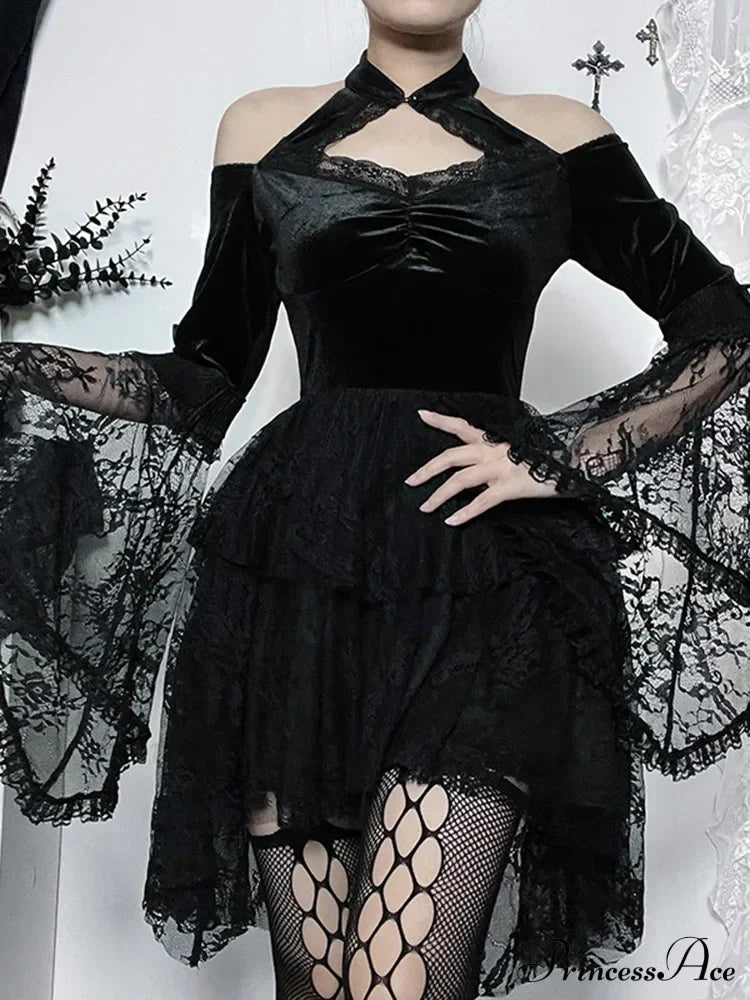 Gothic Vintage Off Shoulder Lace Cocktail Party Velvet Mesh Long Sleeves Halloween Cosplay Dress