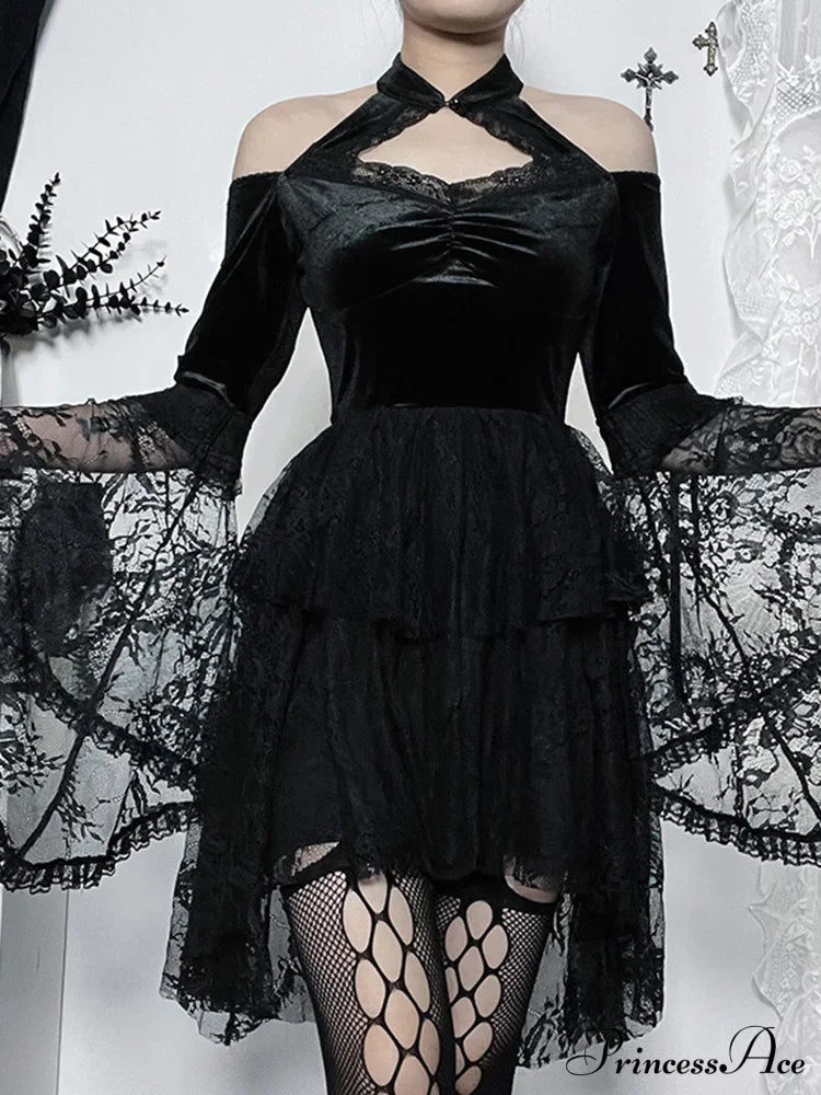 Gothic Vintage Off Shoulder Lace Cocktail Party Velvet Mesh Long Sleeves Halloween Cosplay Dress