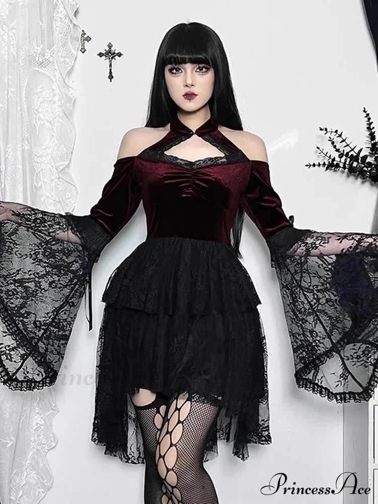 Gothic Vintage Off Shoulder Lace Cocktail Party Velvet Mesh Long Sleeves Halloween Cosplay Dress