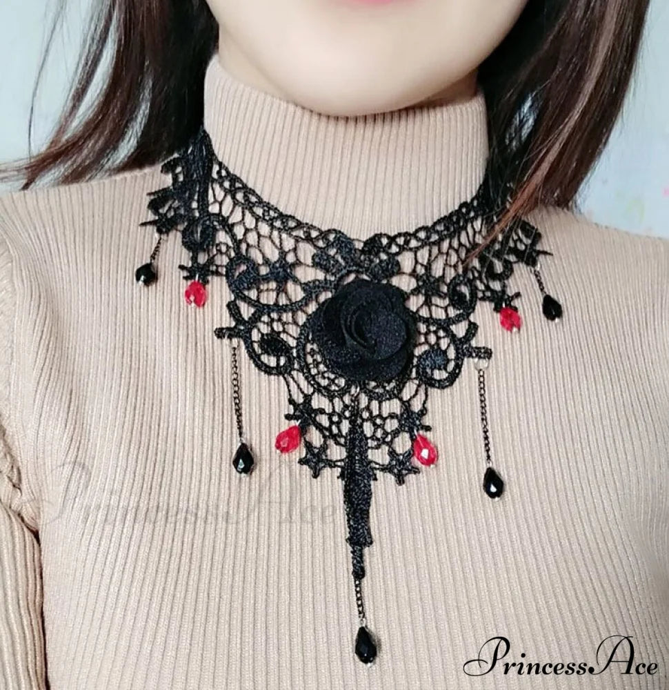 Gothic Vintage Rose Choker Pearl Necklace Black Halloween