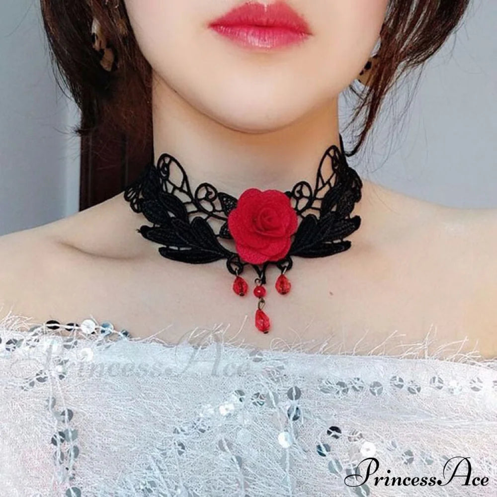 Gothic Vintage Rose Choker Pearl Necklace Halloween