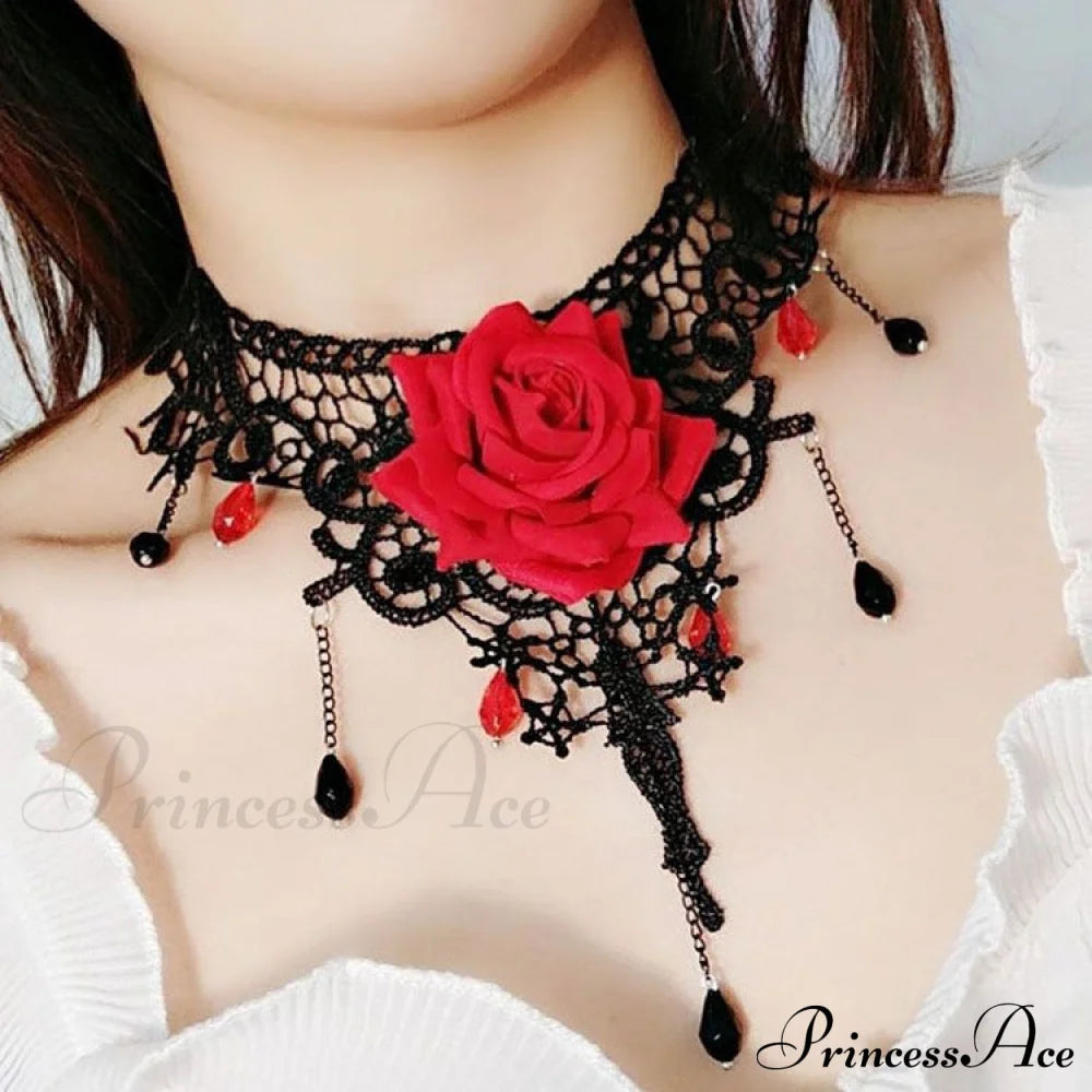 Gothic Vintage Rose Choker Pearl Necklace Halloween