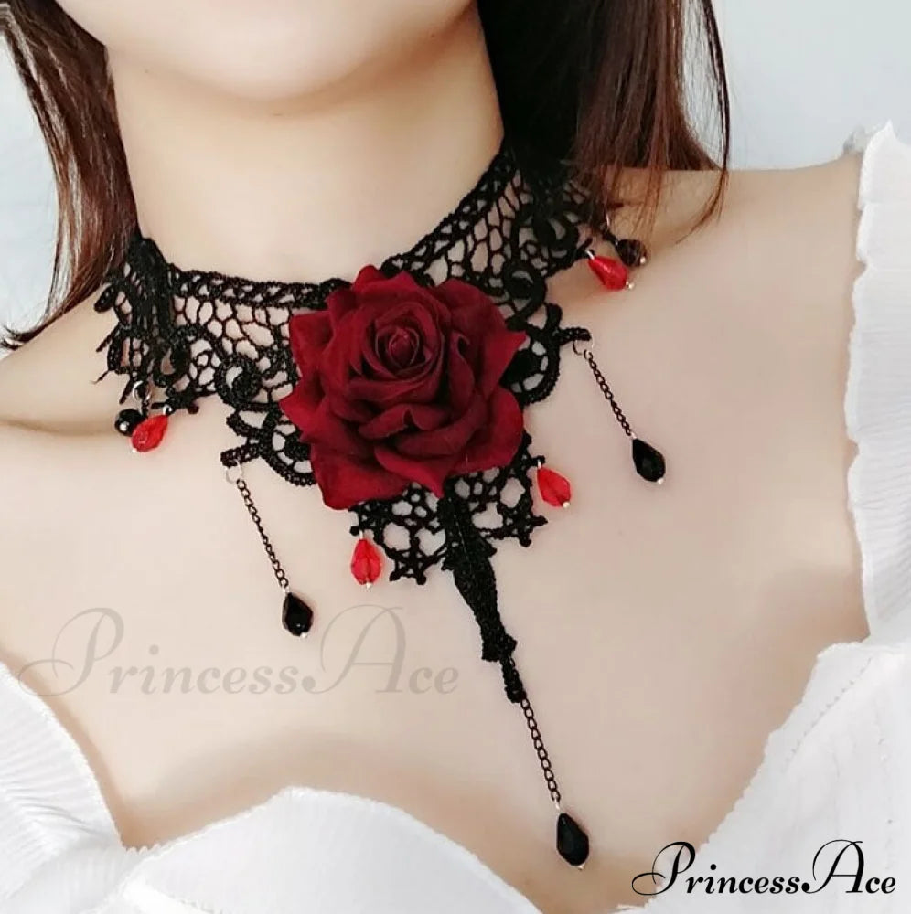 Gothic Vintage Rose Choker Pearl Necklace Halloween