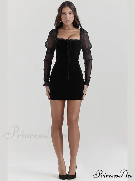 Gothic Wooden Ear Edge Wrap Hip Mesh Long Sleeve Square Neck Ruched Bodycon Mini Dress Black / S