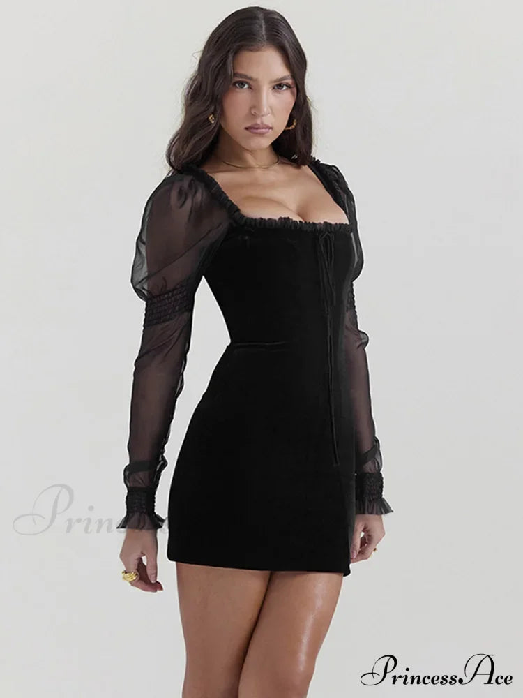 Gothic Wooden Ear Edge Wrap Hip Mesh Long Sleeve Square Neck Ruched Bodycon Mini Dress Halloween