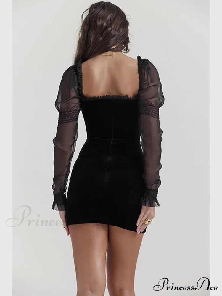 Gothic Wooden Ear Edge Wrap Hip Mesh Long Sleeve Square Neck Ruched Bodycon Mini Dress Halloween