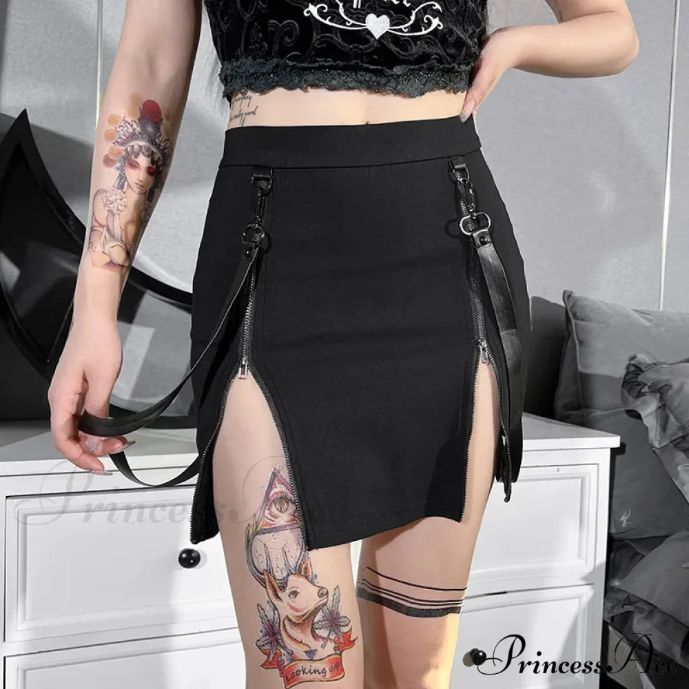 Gothic Zip Split Sexy Women Mini Grunge Strap Black High Waist Pencil E-Girl Skirt Halloween