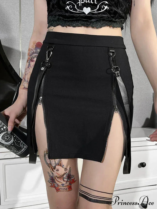 Gothic Zip Split Sexy Women Mini Grunge Strap Black High Waist Pencil E-Girl Skirt / S Halloween