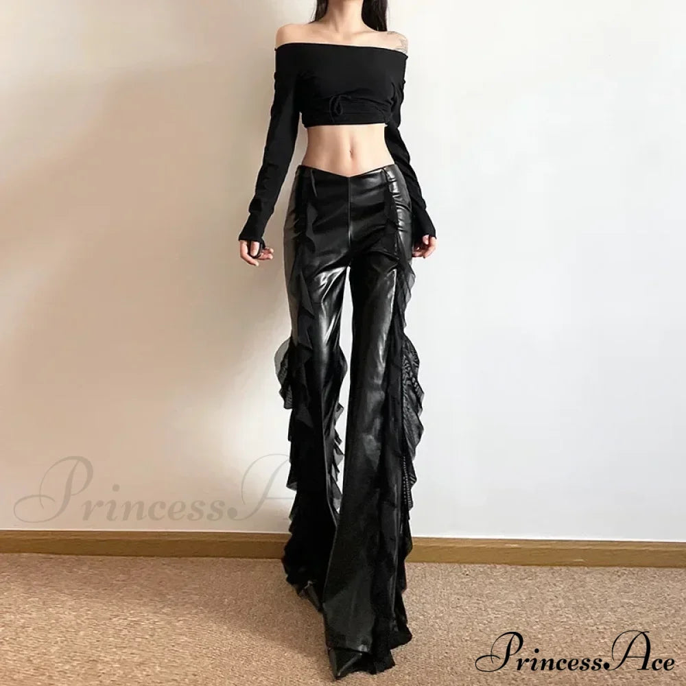 Gothic Zip Women Casual Flare Pants Faux Pu Mesh Halloween