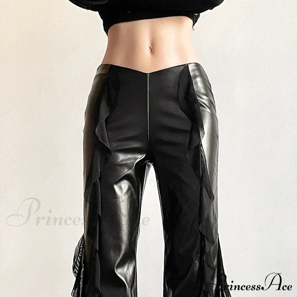 Gothic Zip Women Casual Flare Pants Faux Pu Mesh Halloween