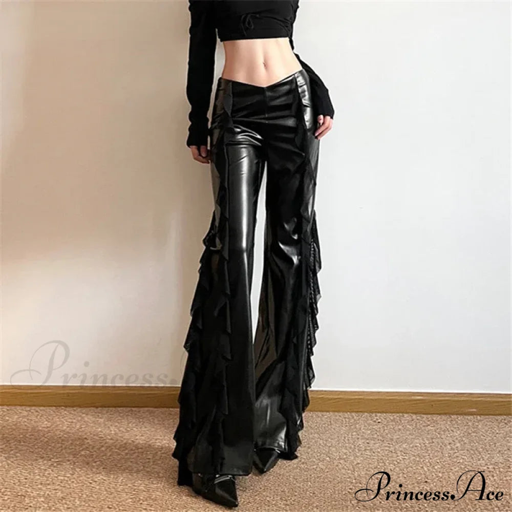 Gothic Zip Women Casual Flare Pants Faux Pu Mesh Halloween