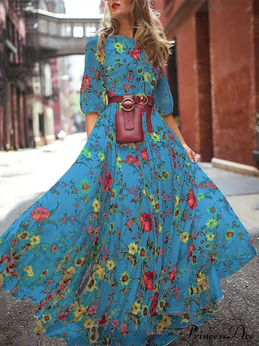 Gown Arm For Full-Length Elegant Long Women S / Blue Blue Floral Maxi Dress