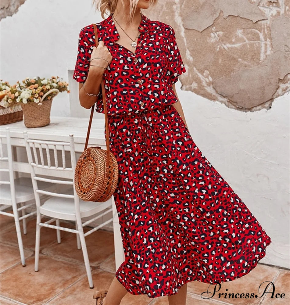 Gown Midi Casual Blouse Bohemian - Warm-Season For Design Coastal Leopard A-Line Loose Festive Women
