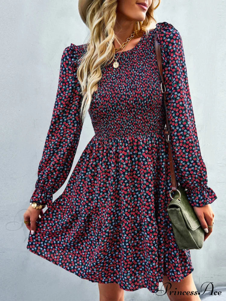 Gown Neck And For Spring A-Line Flowered Skirt Round Long-Sleeved - Summer Coats-L