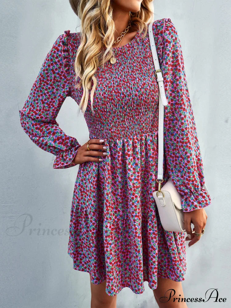 Gown Neck And For Spring A-Line Flowered Skirt Round Long-Sleeved - Summer Coats-L