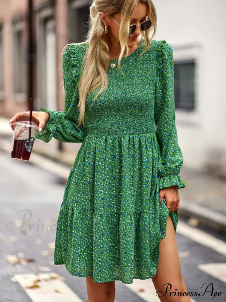 Gown Neck And For Spring A-Line Flowered Skirt Round Long-Sleeved - Summer Coats-L