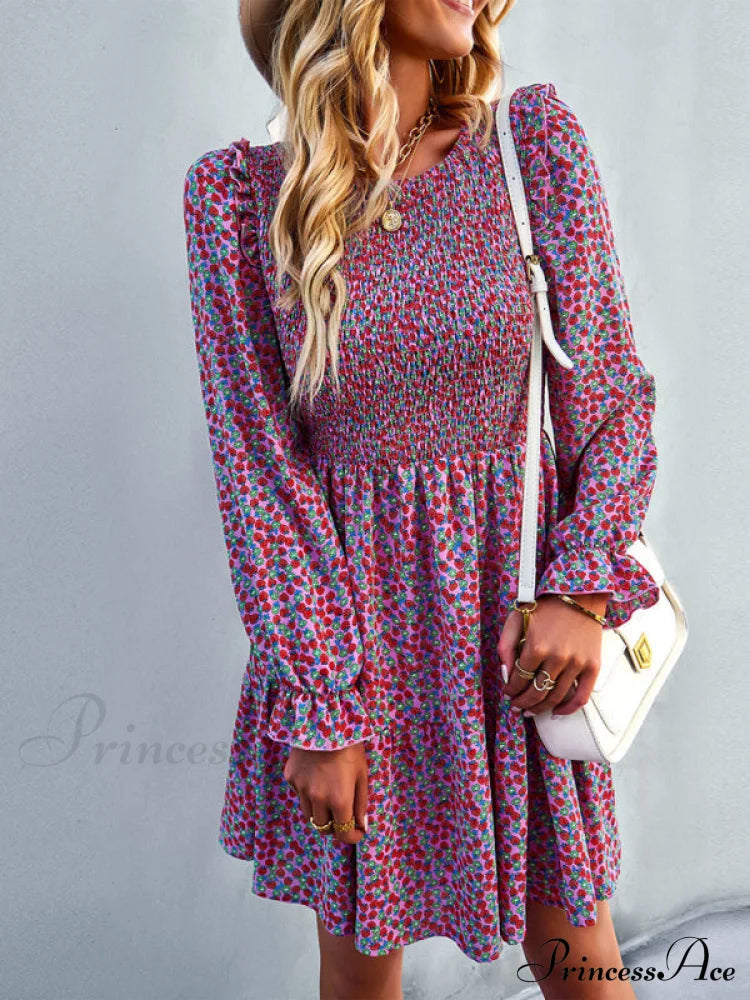 Gown Neck And For Spring A-Line Flowered Skirt Round Long-Sleeved - Summer Coats-L