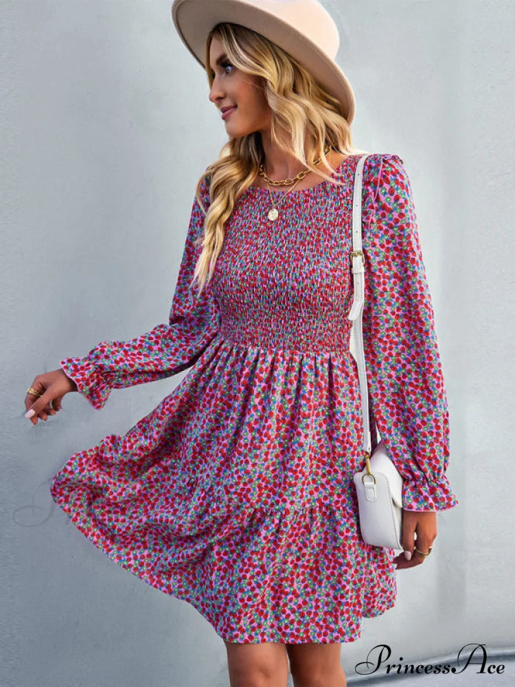 Gown Neck And For Spring A-Line Flowered Skirt Round Long-Sleeved - Summer Pink / S Coats-L