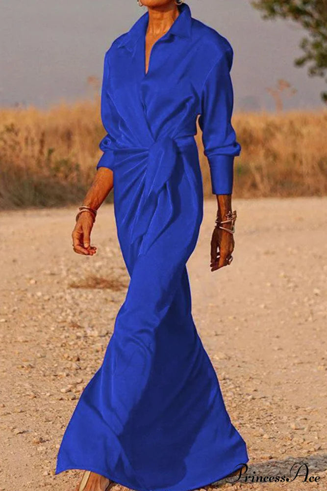 Gown Patchwork Blouse Bandage With Turndown Casual Solid Collar Dresses/Maxi Dresses