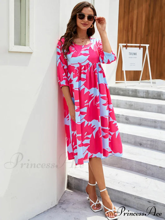 Gown Printing Round Loose Woven For Neck Women Women’s Mid Sleeve Midi Dress