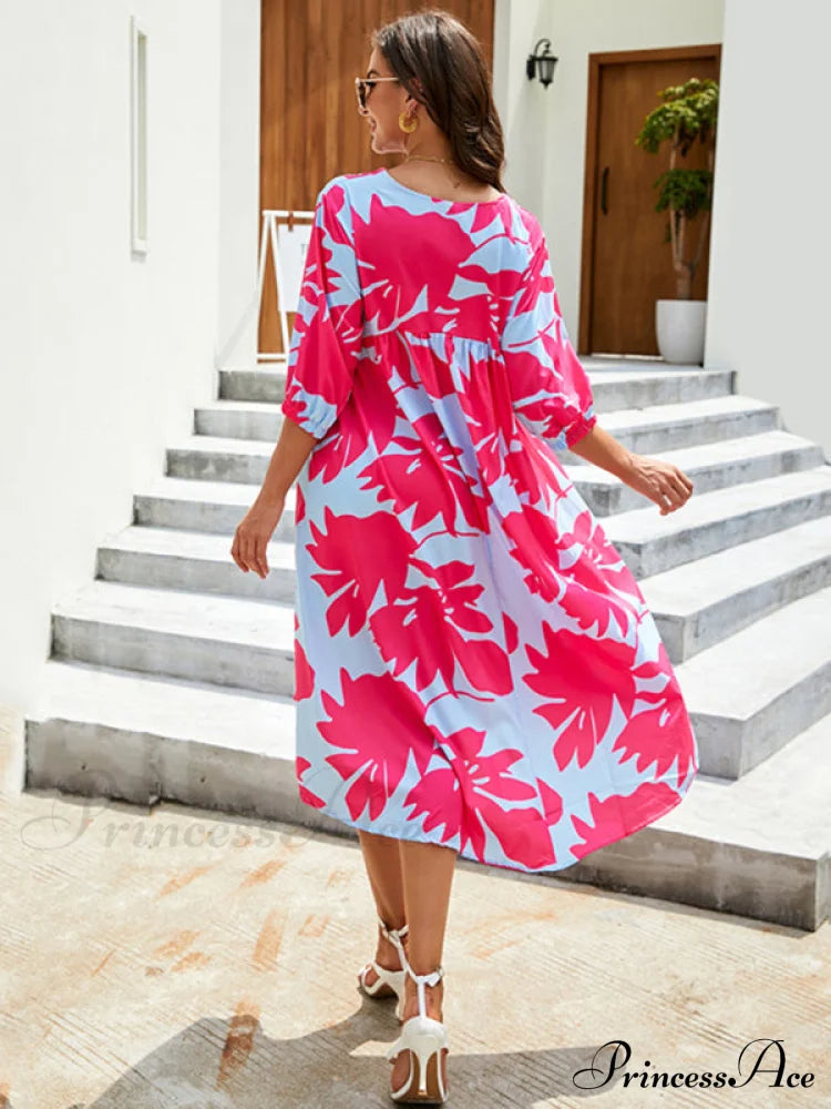 Gown Printing Round Loose Woven For Neck Women Women’s Mid Sleeve Midi Dress