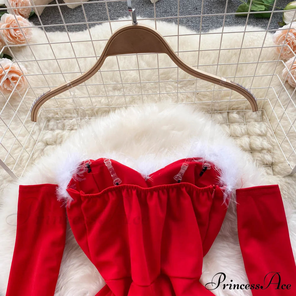 Gown Red For Backless Furry Strapless Elegant - Women Party New Year/Christmas/Femme