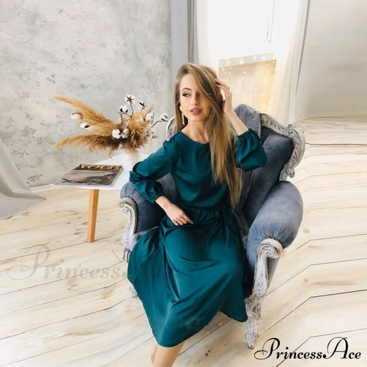 Gown Sashes A-Line Satin And Sleeves Lantern With Vintage O-Neck As Picture / S