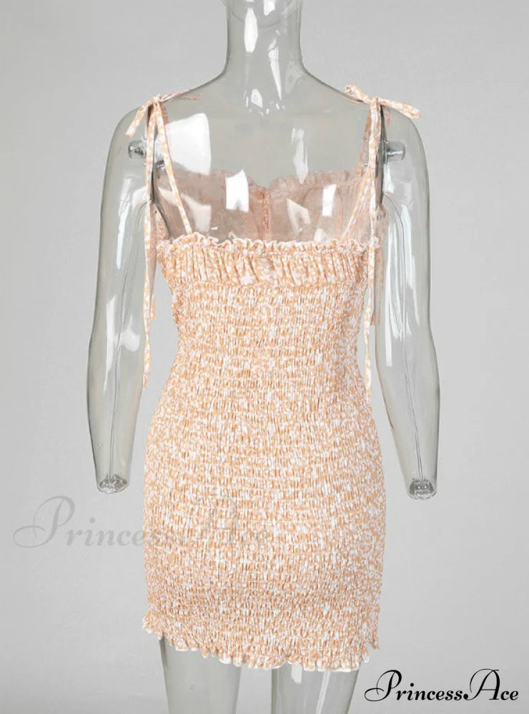 Gown Shirring Strap Flowered Mini With Design Spaghetti L / Yellow Dresses