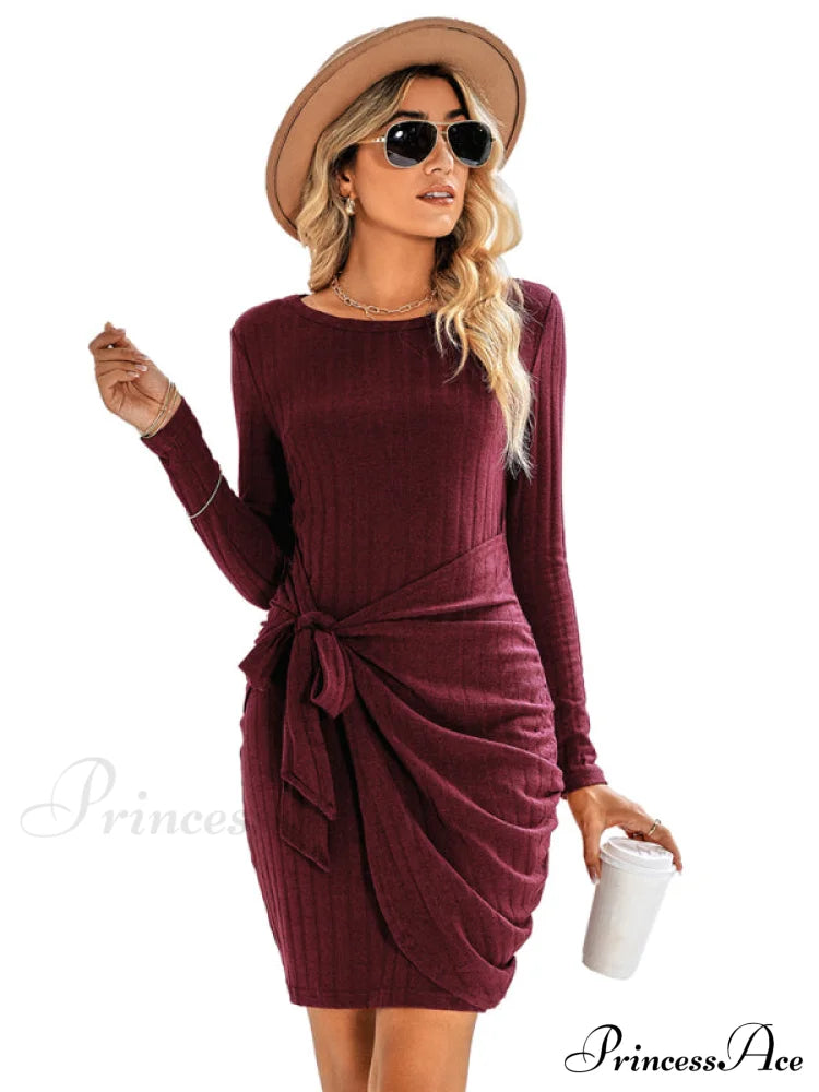 Gown Solid Rib-Knit Mini Front Neck For Crew Color Tie Women Coats-L