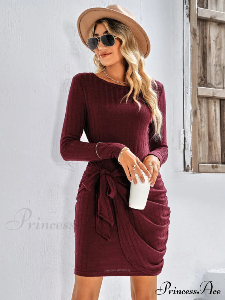 Gown Solid Rib-Knit Mini Front Neck For Crew Color Tie Women Coats-L