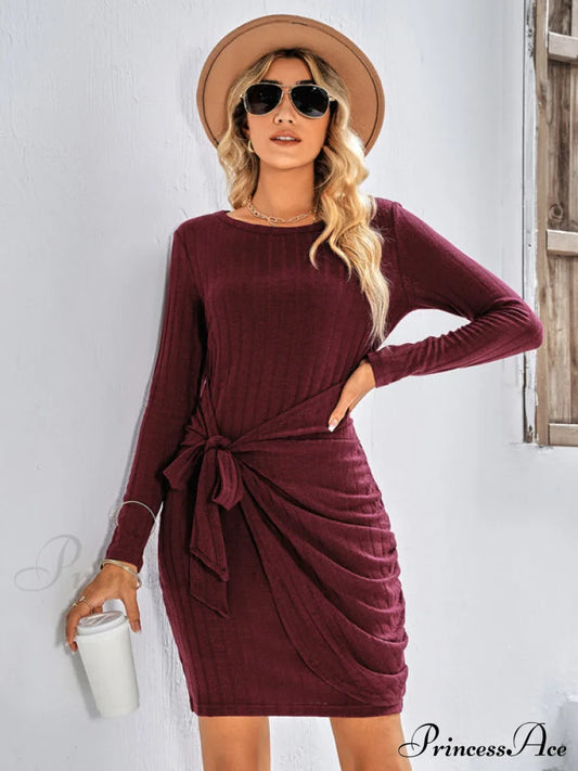 Gown Solid Rib-Knit Mini Front Neck For Crew Color Tie Women Dark Red / S Coats-L