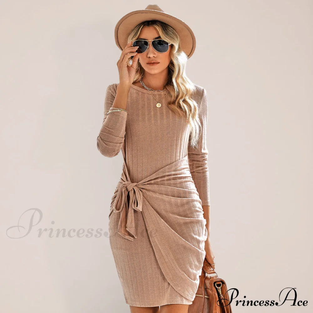 Gown Solid Rib-Knit Mini Front Neck For Crew Color Tie Women Khaki / S Coats-L