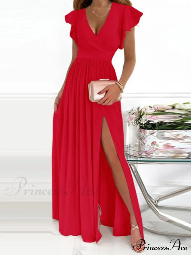 Gown Women’s Solid Butterfly Warm-Season High Party Fork Split Slim V Full-Length Arm Brief Neck