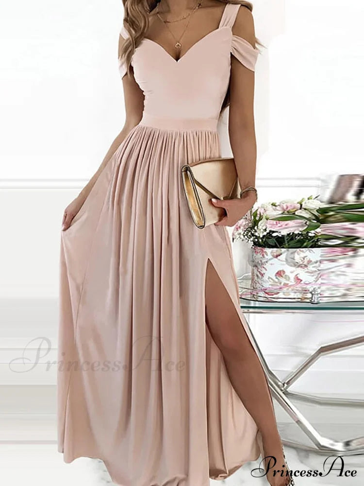 Gown Women’s Solid Butterfly Warm-Season High Party Fork Split Slim V Full-Length Arm Brief Neck