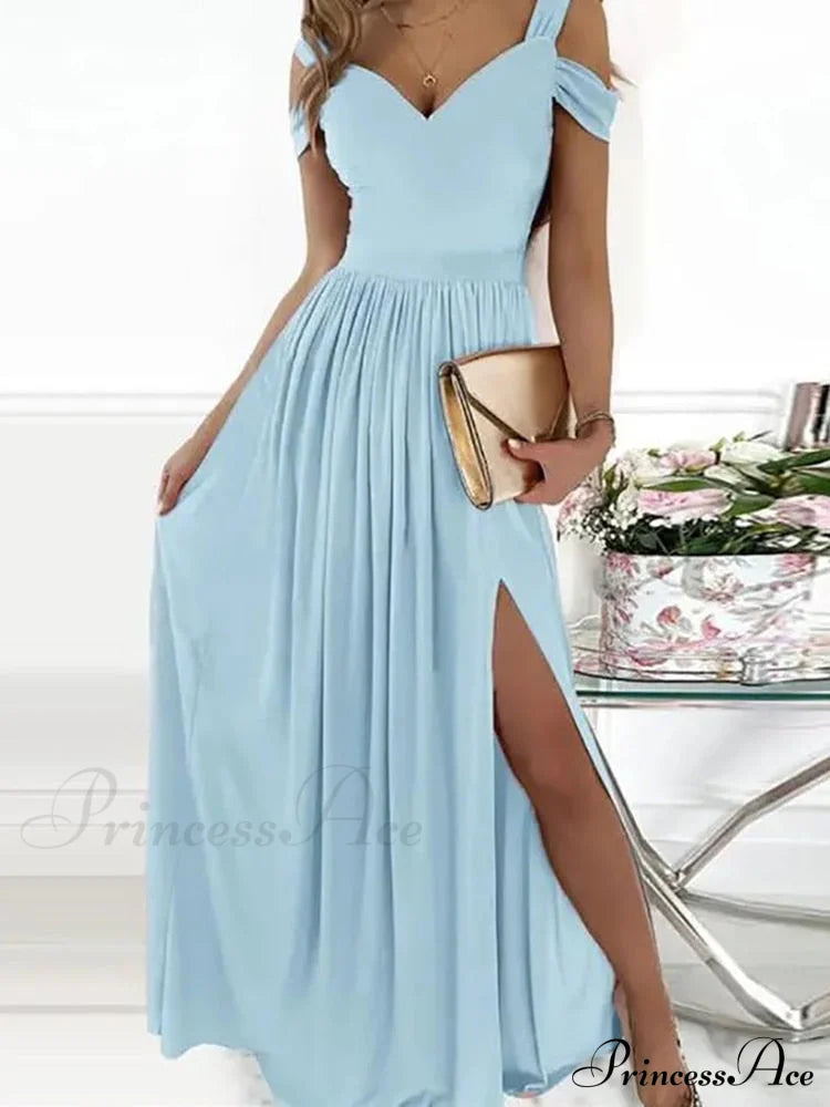 Gown Women’s Solid Butterfly Warm-Season High Party Fork Split Slim V Full-Length Arm Brief Neck