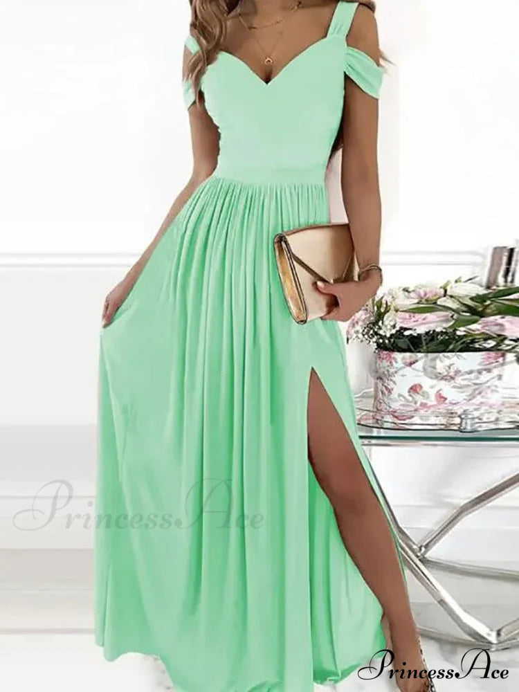 Gown Women’s Solid Butterfly Warm-Season High Party Fork Split Slim V Full-Length Arm Brief Neck