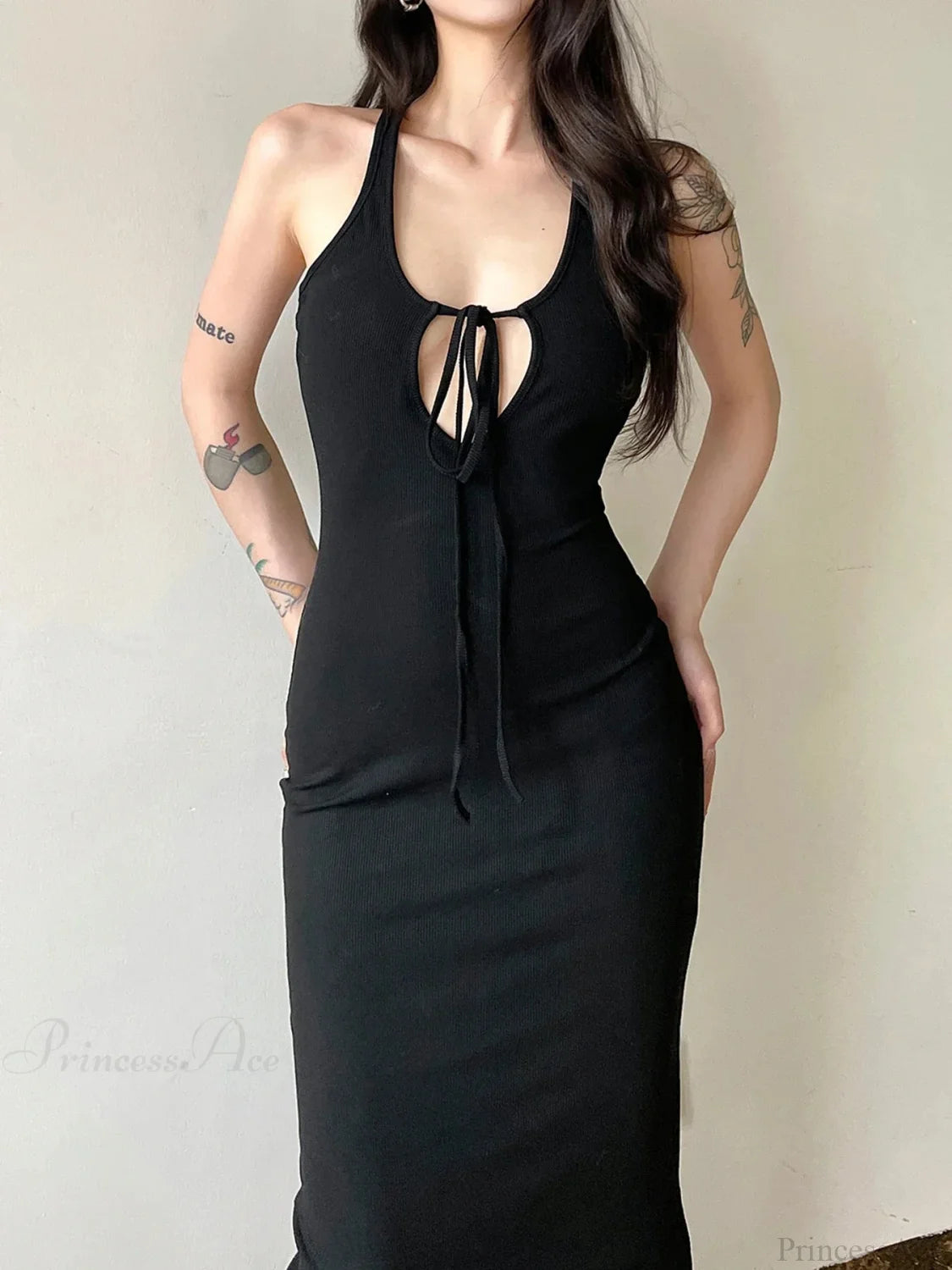 Graceful Hollow Out Spaghetti Midi Dress Black / S
