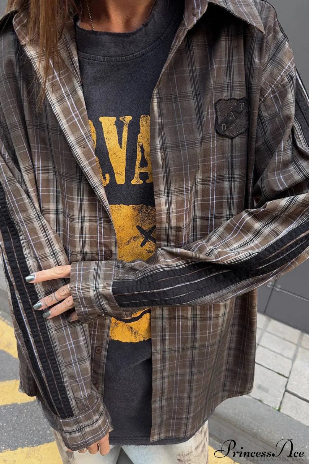 Gradient Plaid Patch Letter Loose Blouse